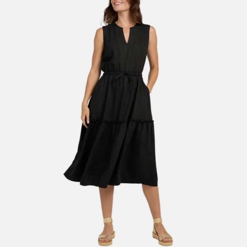 Lands End Dress Tiered Midi Boho Coastal Resort Vacation Travel Black Size M